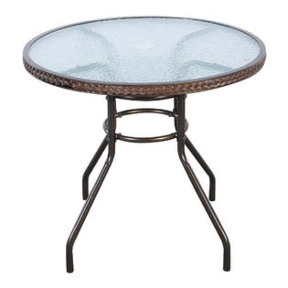 Goplus  31 1/2" Patio Rattan Round Table Tempered Glass Furniture Outdoor Coffee Dining