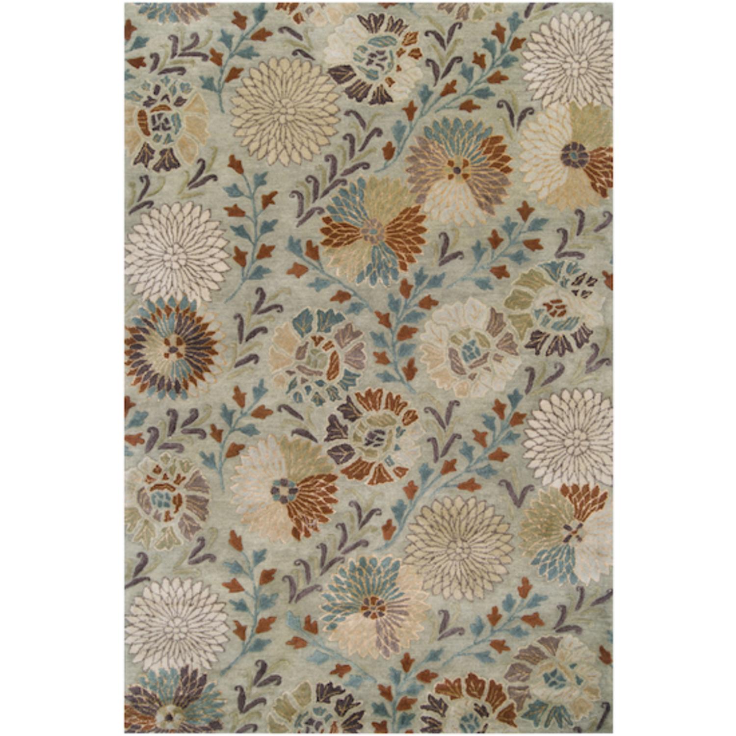 CC Home Furnishings 8' x 11' Vintage Garden Pale Gold, Sage Green and Tan Rectangular Wool Area Rug
