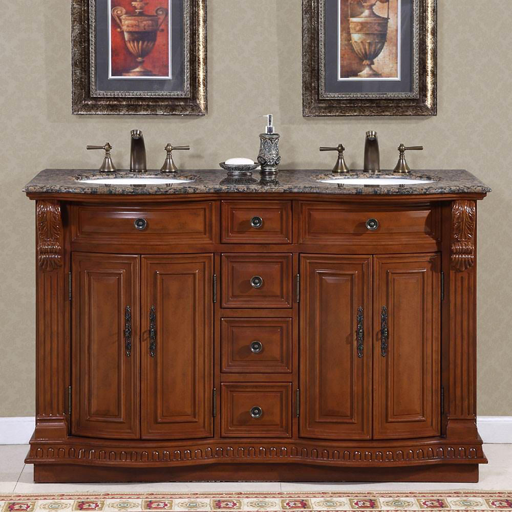 Silkroad Exclusive Empress Granite Top 55" Double Sink Vanity Cabinet - Distressed Chestnut Brown