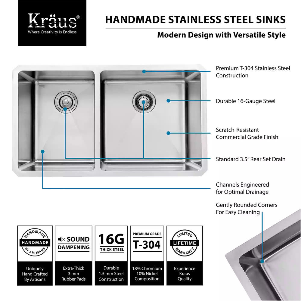 Kraus 33" Undermount 60/40 Double Bowl Stainless Steel Kitchen Sink