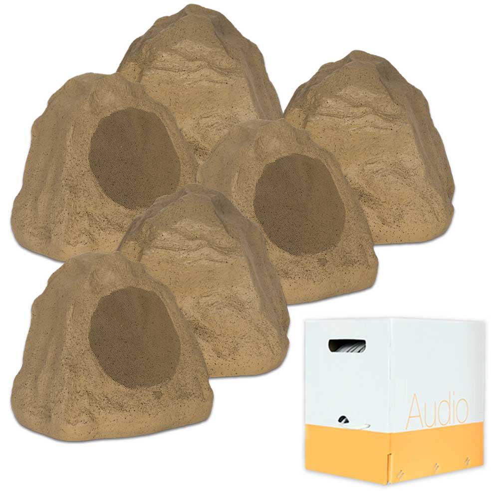 Theater Solutions 6R6SW  6R6S Outdoor Sandstone 6.5&#34; Rock 6 Speaker Set with Wire for Yard Pool Spa Patio Garden
