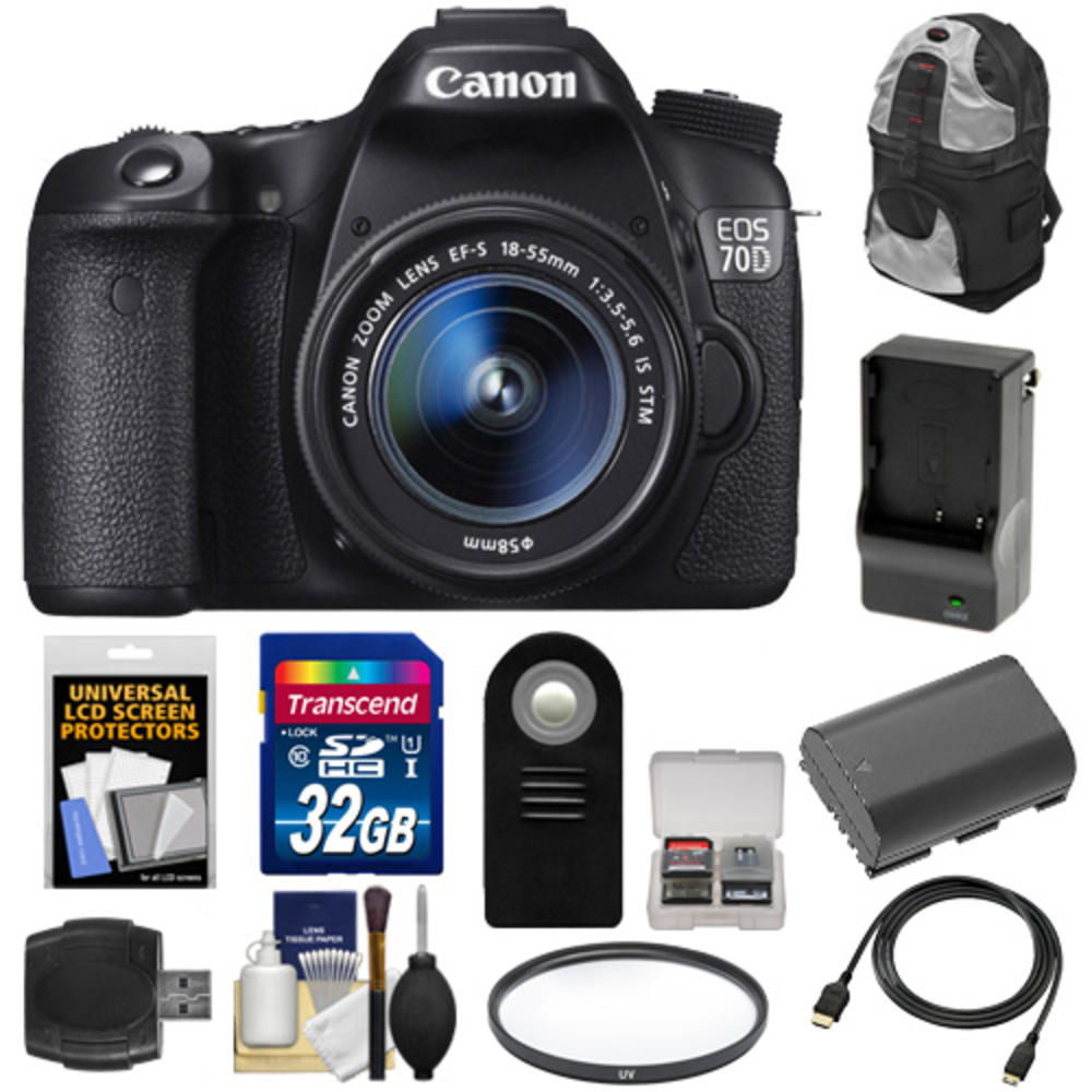 Canon 8469B009-kit-77169 EOS 70D Camera + EF-S 18-55 IS STM Lens + 32GB Card + Battery + Charger + Backpack Case + Filter + HDMI