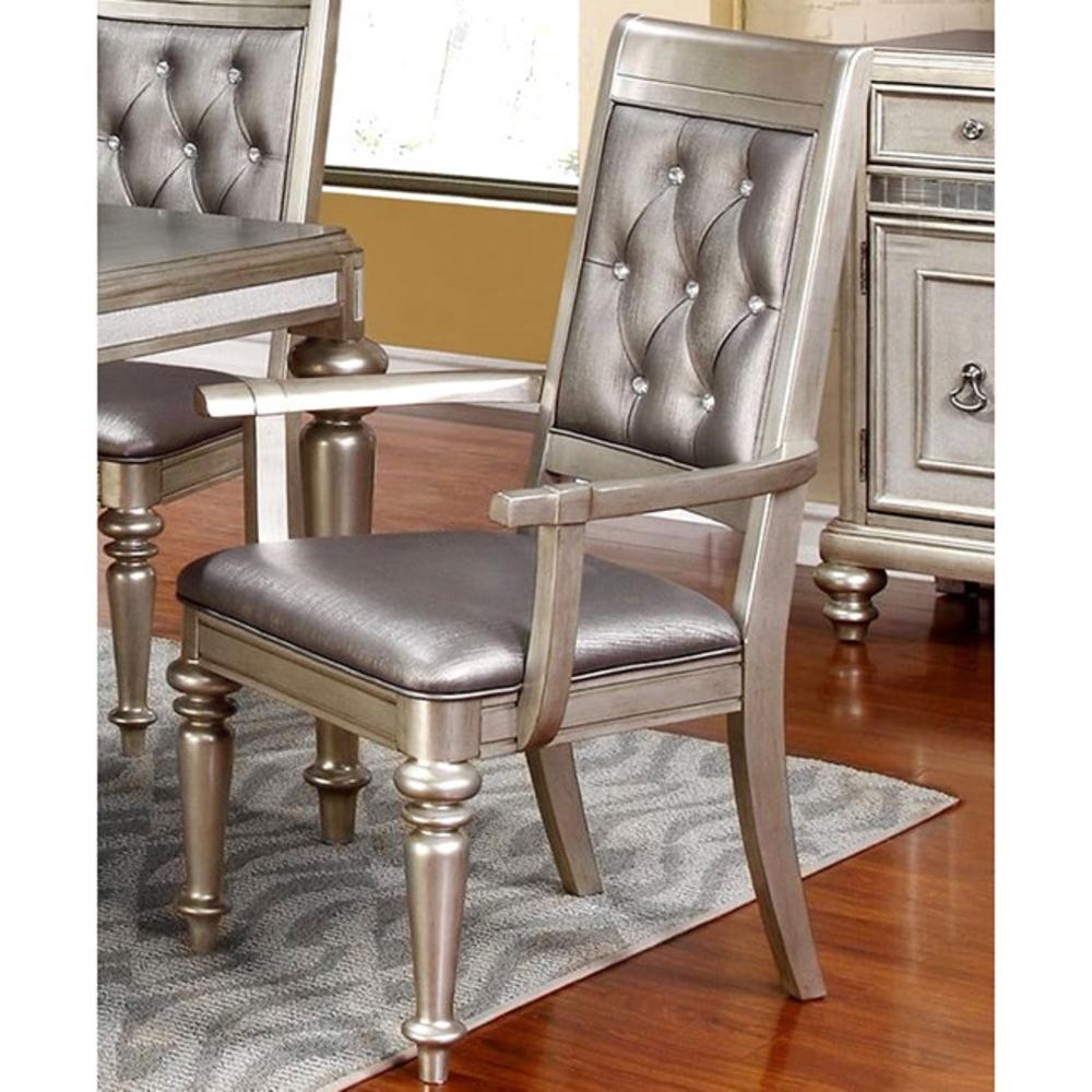 A-Line Furniture  Glamorous Design Metallic Platinum Dining Arm Chairs with Rhinestone Tufted Buttons (Set of 2)
