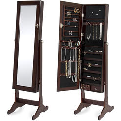 best choice products mirrored jewelry cabinet armoire w/ stand rings, necklaces, bracelets - brown