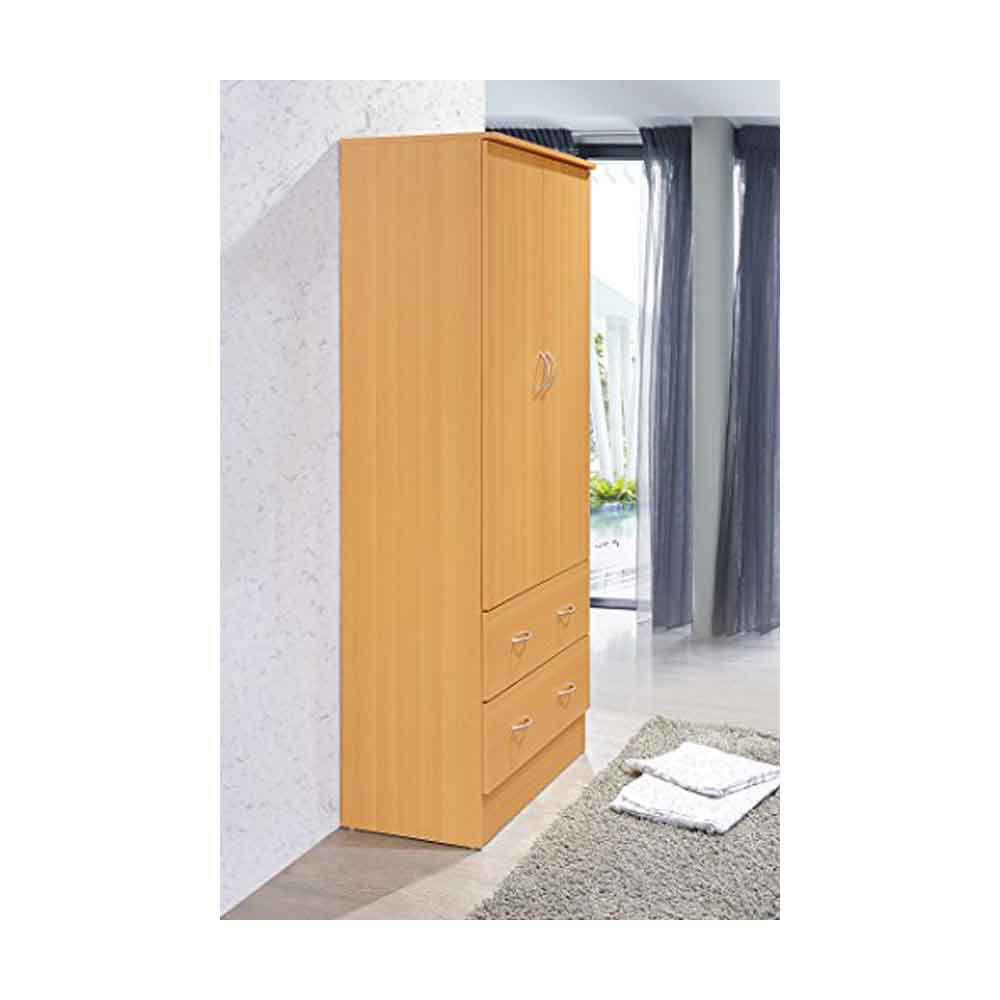 Hodedah HI29 2-Door Compressed Wood Wardrobe with 2 Drawers - Beech