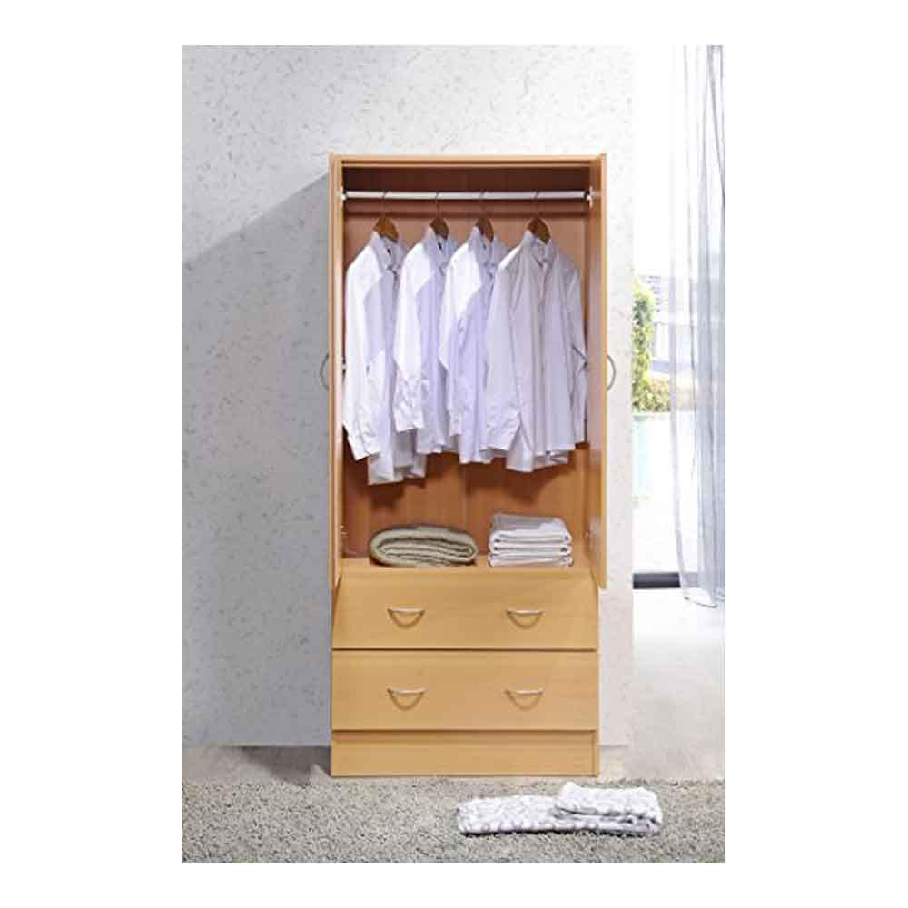 Hodedah HI29 2Door Compressed Wood Wardrobe with 2 Drawers Beech