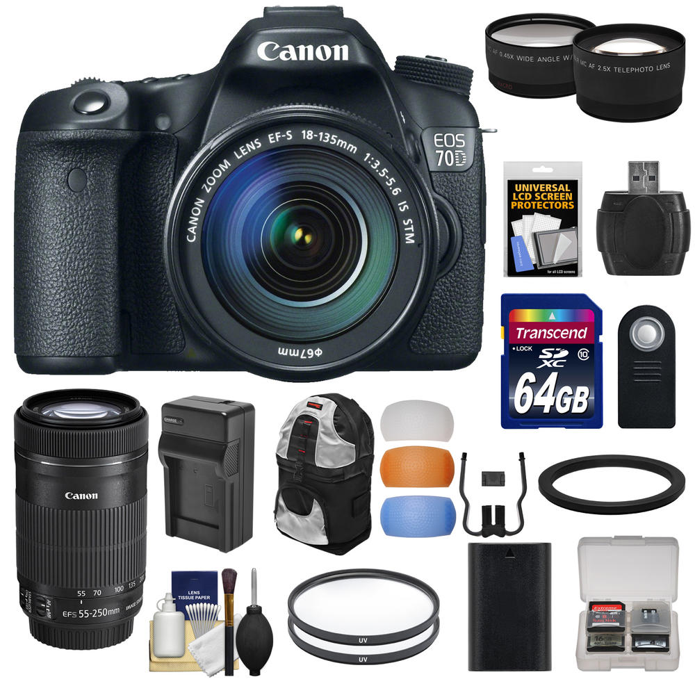 Canon 8469B016-kit-79426 EOS 70D Camera + EF-S 18-135 IS STM Lens + 55-250 IS STM Lens + 64GB Card + Battery + Charger + Backpac