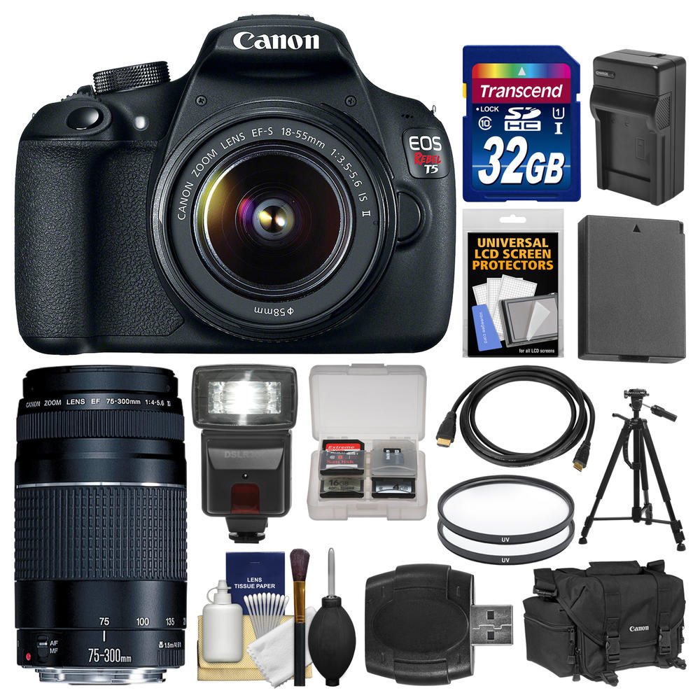 Canon 9126B003-kit-81287 EOS Rebel T5 Camera Body + EF-S 18-55 IS II Lens + 75-300 III Lens + 32GB Card + Case + Flash + Battery