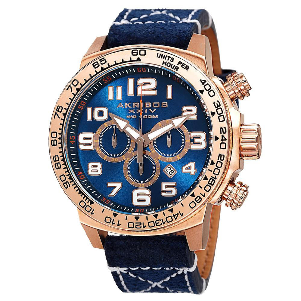 Akribos XXIV AKR842RGBU Men's Leather Chronograph Watch - Blue