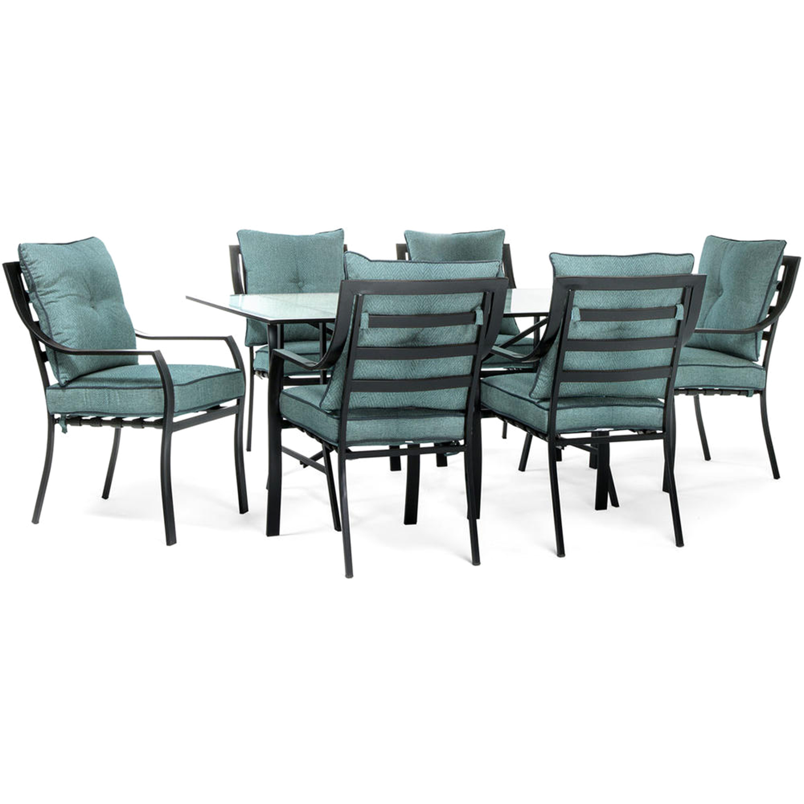 Hanover Lavallette 7pc. Aluminum Outdoor Dining Set with Ocean Blue Cushions - Black