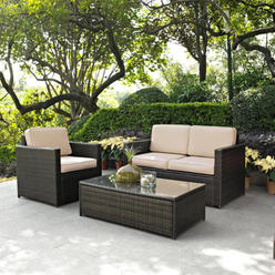 Crosley Furniture Palm Harbor 3Pc Outdoor Wicker Conversation Set Sand/Brown - Loveseat, Chair, Glass Top Table