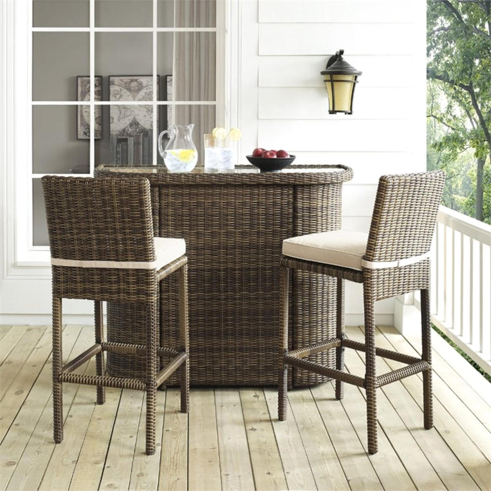 Crosley 3pc. Bradenton Wicker Outdoor Bar Set with Sand Cushions Brown