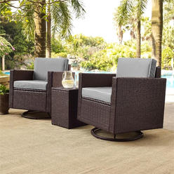 Crosley Furniture Palm Harbor 3Pc Outdoor Wicker Swivel Chair Set Gray/Brown - Side Table & 2 Swivel Chairs
