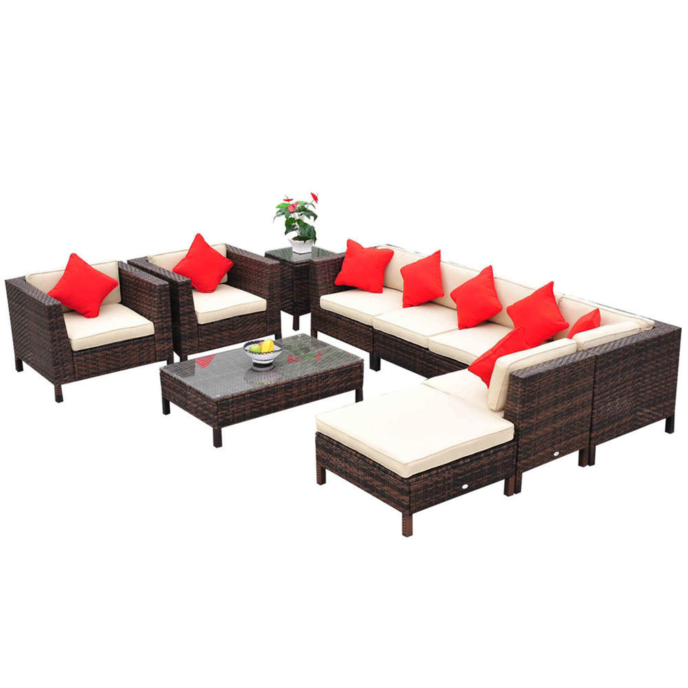 Outsunny 9pc. PE Rattan Wicker Sectional Patio Set with Cushions - Brown and Black