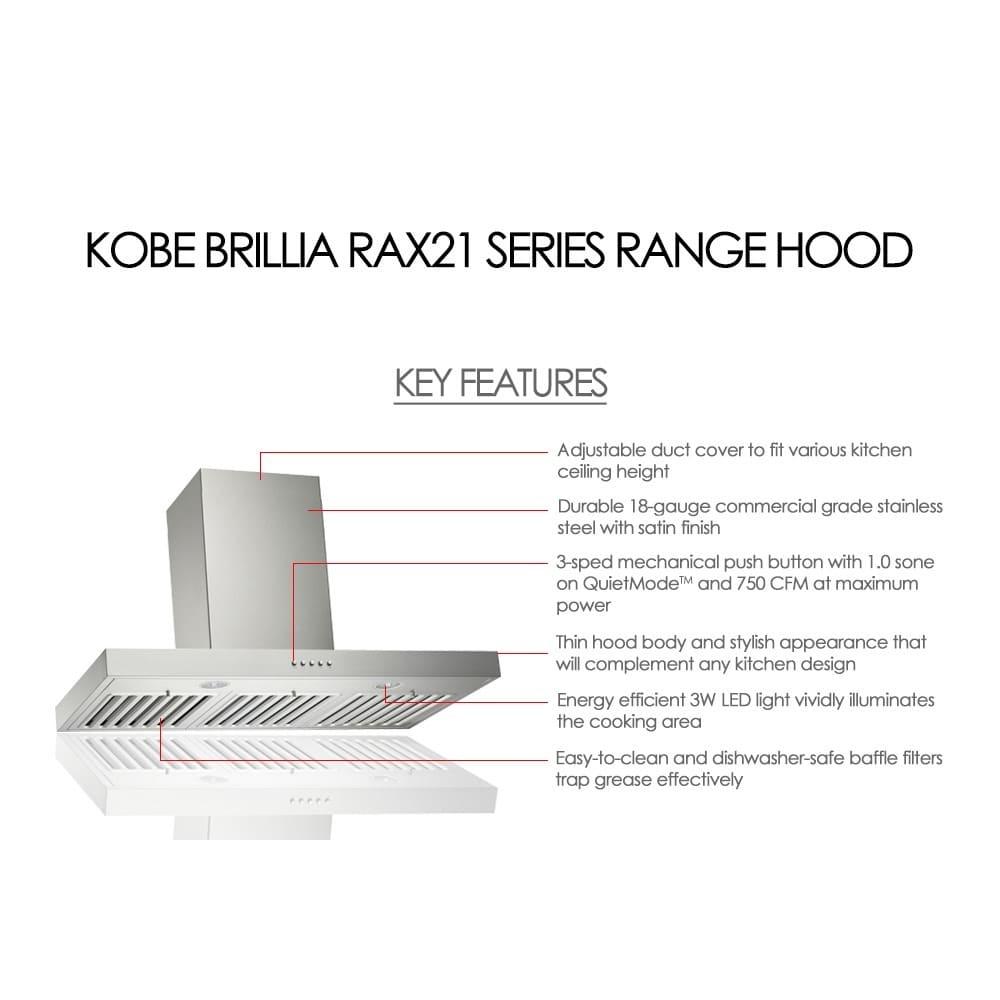 KOBE Range Hoods RAX2142SQB-WM-1  42" Brillia 750 CFM Ducted Wall Mount Range Hood