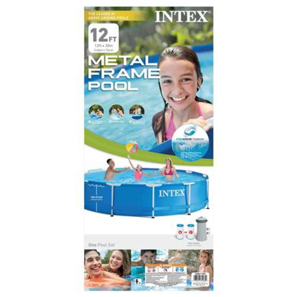 Intex 12' x 30" Metal Frame Set Swimming Pool with Filter Pump and Skooba Vacuum