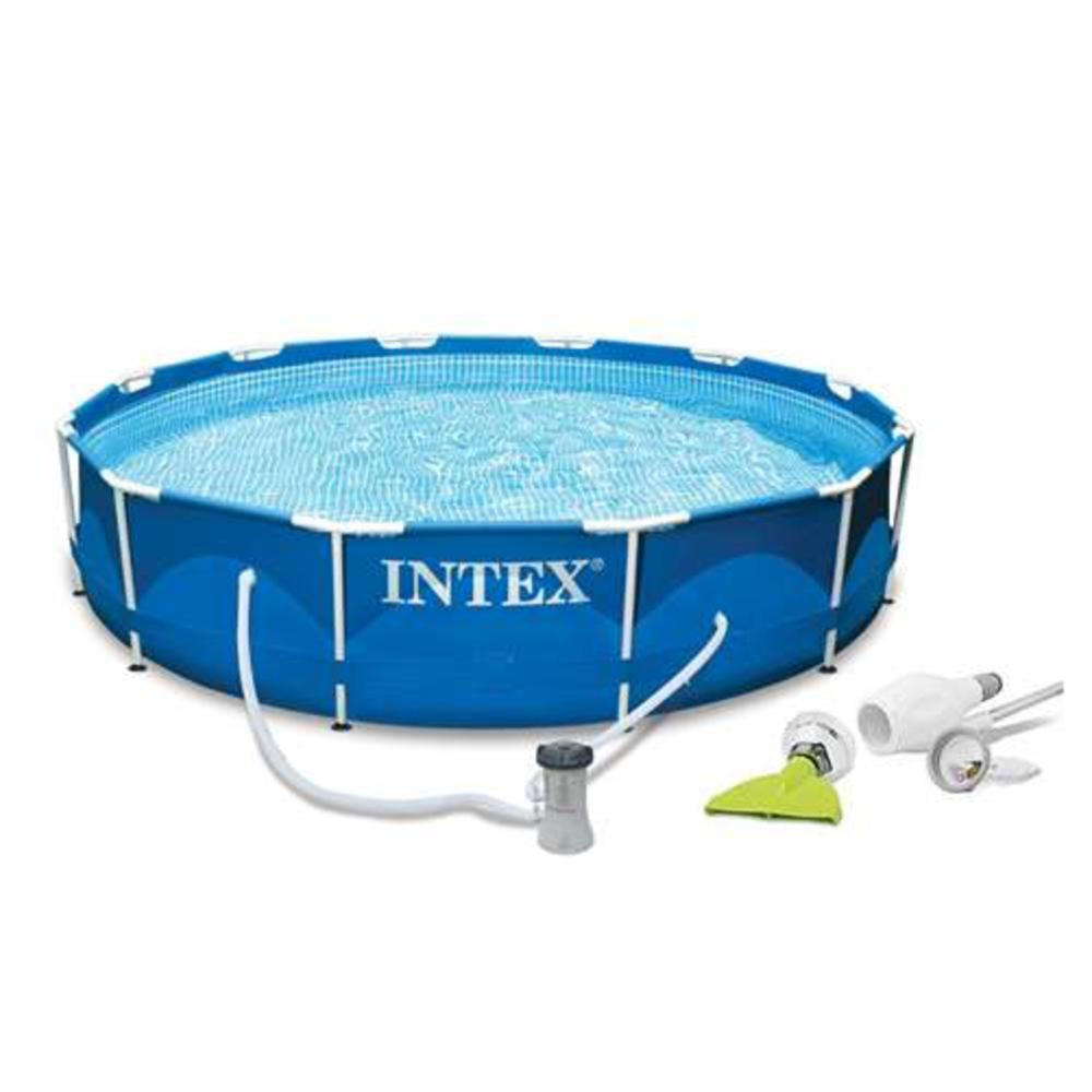 Intex 12' x 30" Metal Frame Set Swimming Pool with Filter Pump and Skooba Vacuum