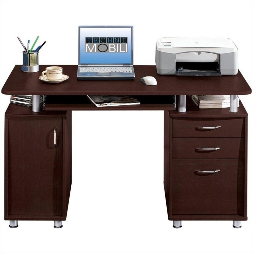 Techni Mobili Complete Computer Desk with File Cabinet - Chocolate