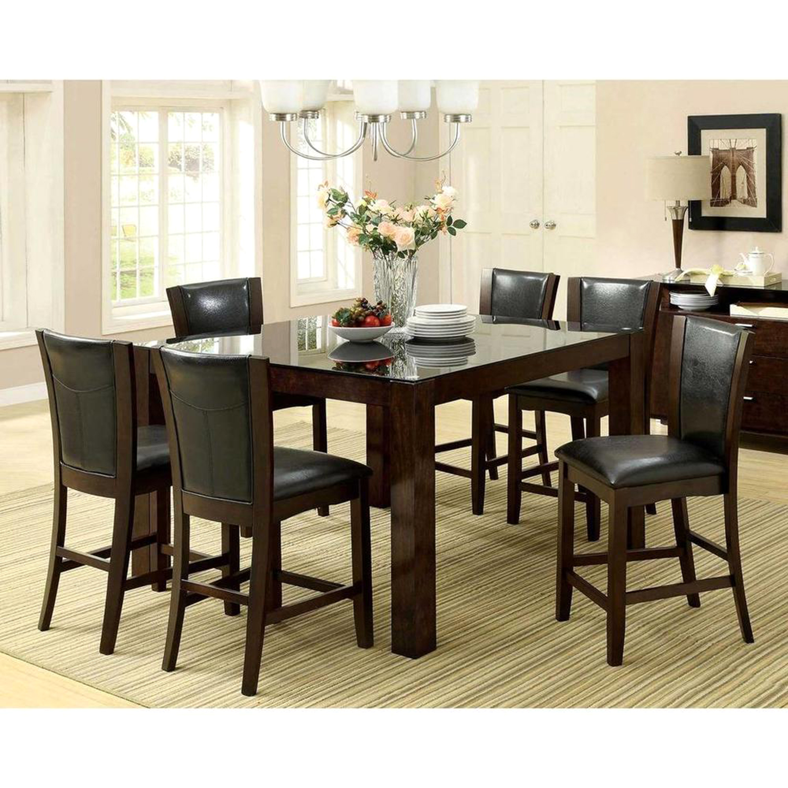 FOA Contemporary 7 Piece Counter Height Dining Table - Dark Cherry