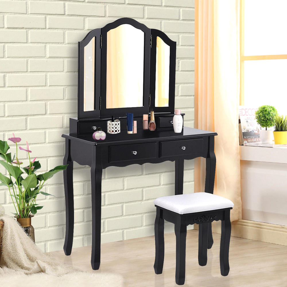 Goplus Tri Folding Mirror Vanity Makeup Table - Black