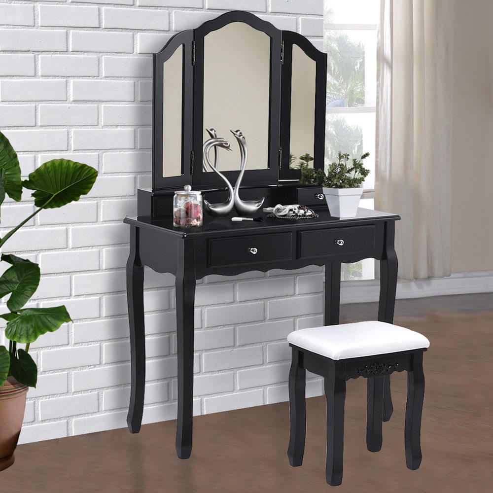 Goplus Tri Folding Mirror Vanity Makeup Table - Black