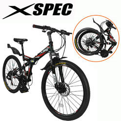 Xspec 26" 21 Speed Folding Mountain Bike Bicycle Trail Commuter, Black