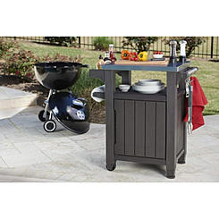Keter Unity Portable Outdoor Table and Storage Cabinet with Hooks for Grill Accessories-Stainless Steel Top for Patio Kitchen Is