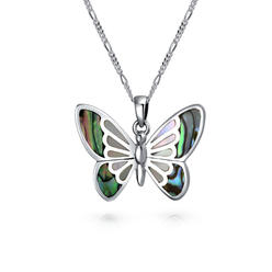 bling jewelry Butterfly Dangle Pendant Abalone Shell Necklace 925 Sterling Silver