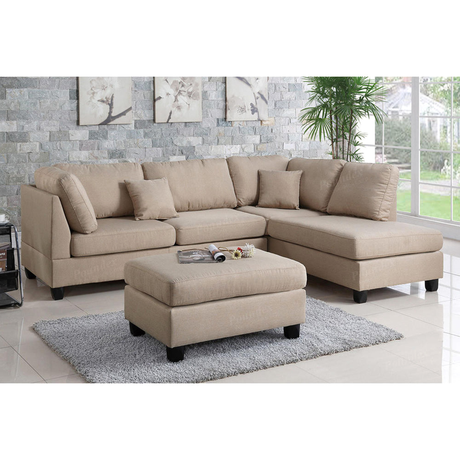 Esofastore 3pc. Reversible Fabric Sectional Sofa Set - Sand