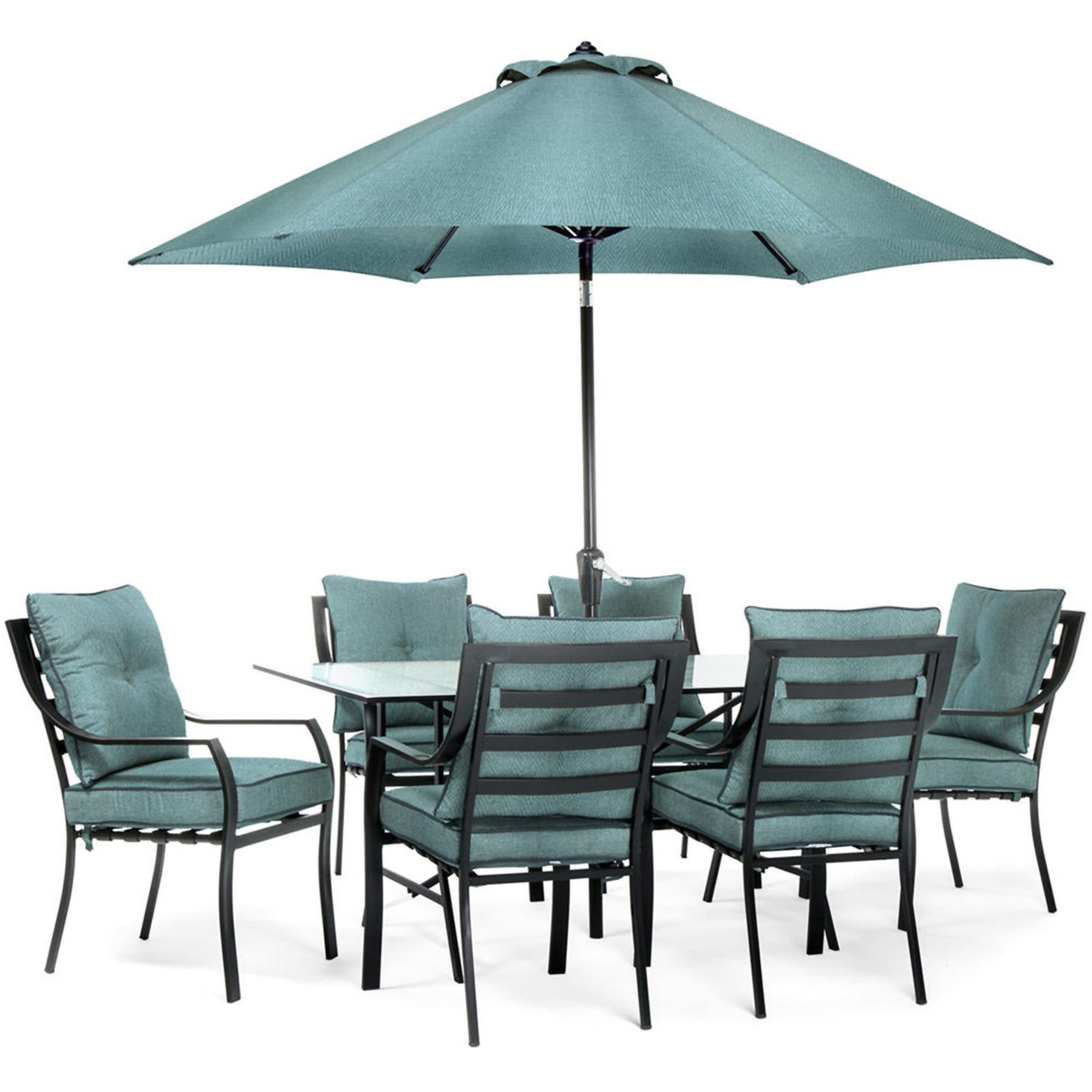 Hanover Lavallette 7pc. Metal Outdoor Dining Set with Umbrella  - Ocean Blue