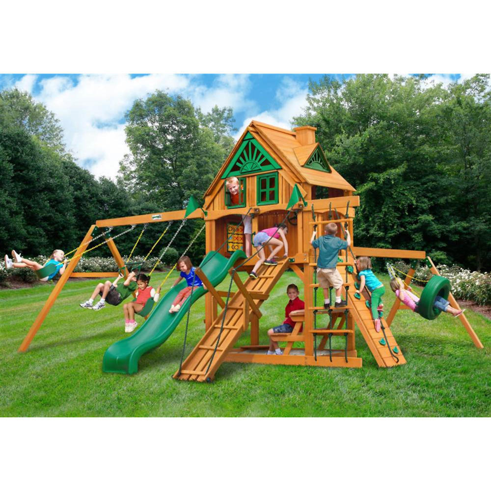 Gorilla PlaySets Frontier Treehouse Swing Set with Fort Add On and Amber Posts