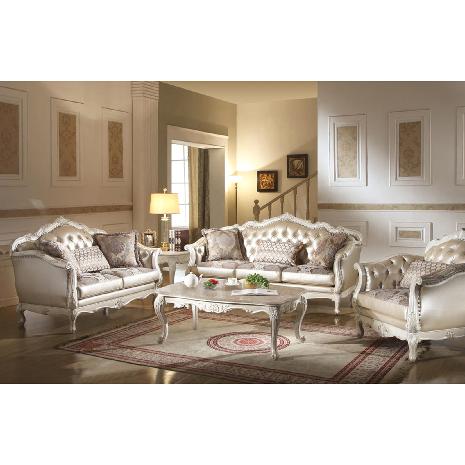 Acme Furniture Chantelle Sofa with 3 Pillows - Rose Gold and Pearl White