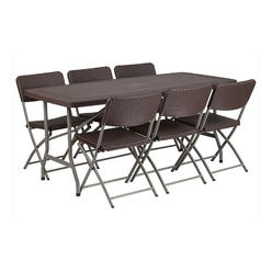 Flash Furniture DAD-YCZ-172-61-GG 32.5 W x 67.5 L in. Rattan Plastic Folding Table Set with 6 Chairs - Brown