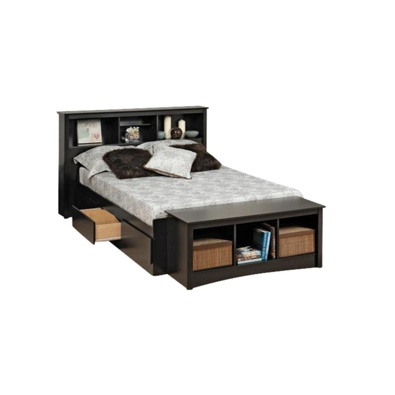 Bowery Hill Queen Platform Bed with Bookcase and Storage - Black Laminate