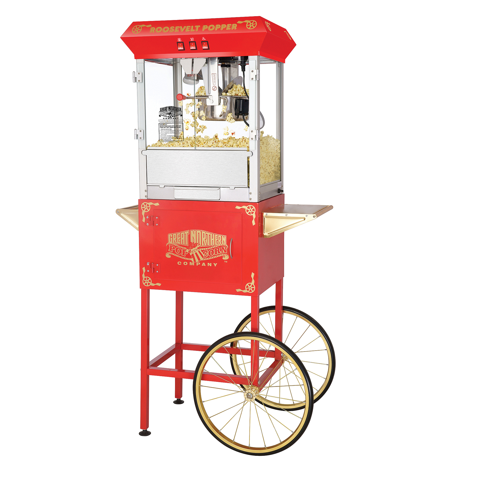 Great Northern Popcorn Company 6000-ROOSEVELT-FULL-POPPER 8oz. Antique Style Popcorn Popper Machine w/ Cart - Red