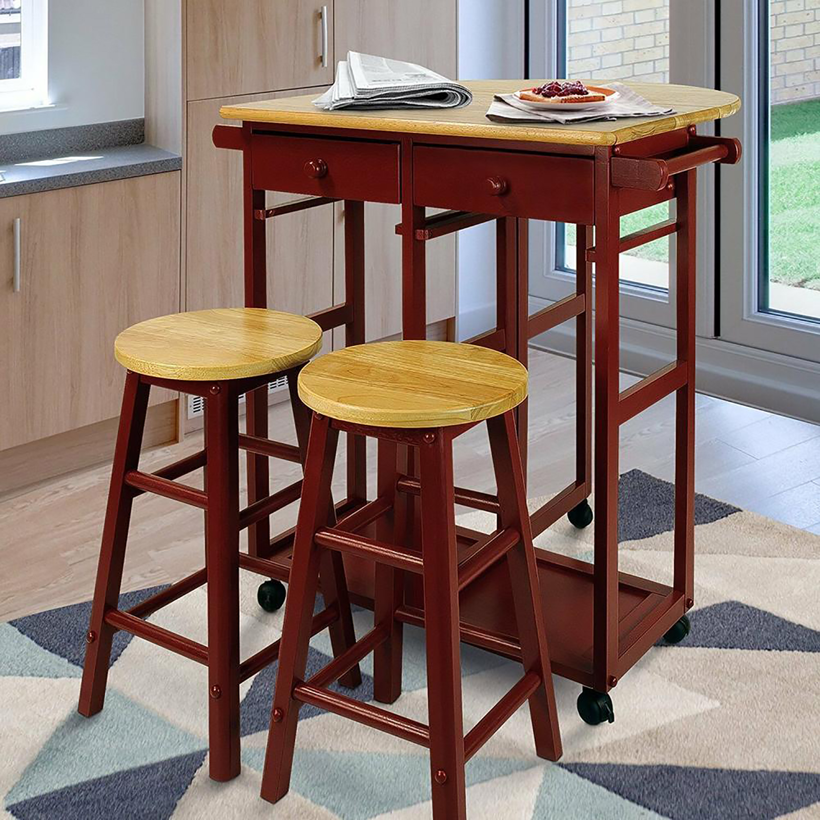 Casual Home 355-29 Drop-Leaf Table Cart with Stools ...