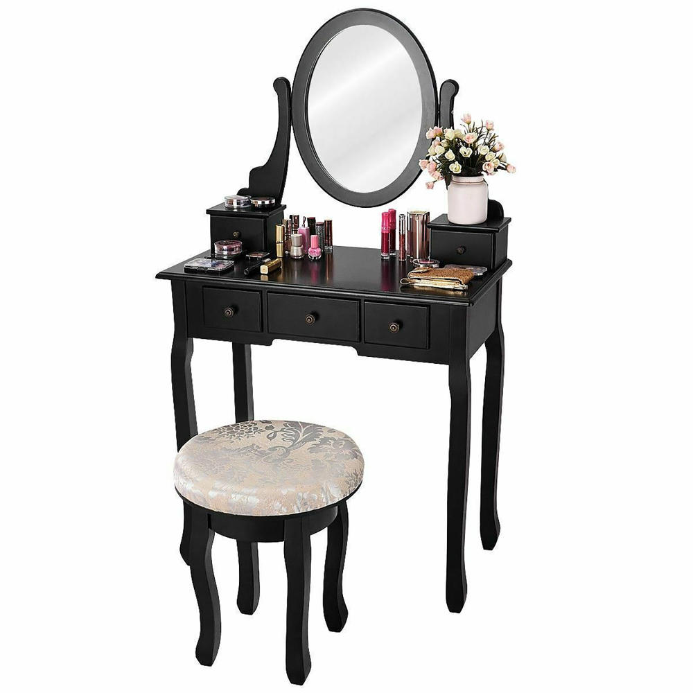 Costway Goplus 5 Drawer Wood Vanity Table Set w/ Cushioned Stool - Black