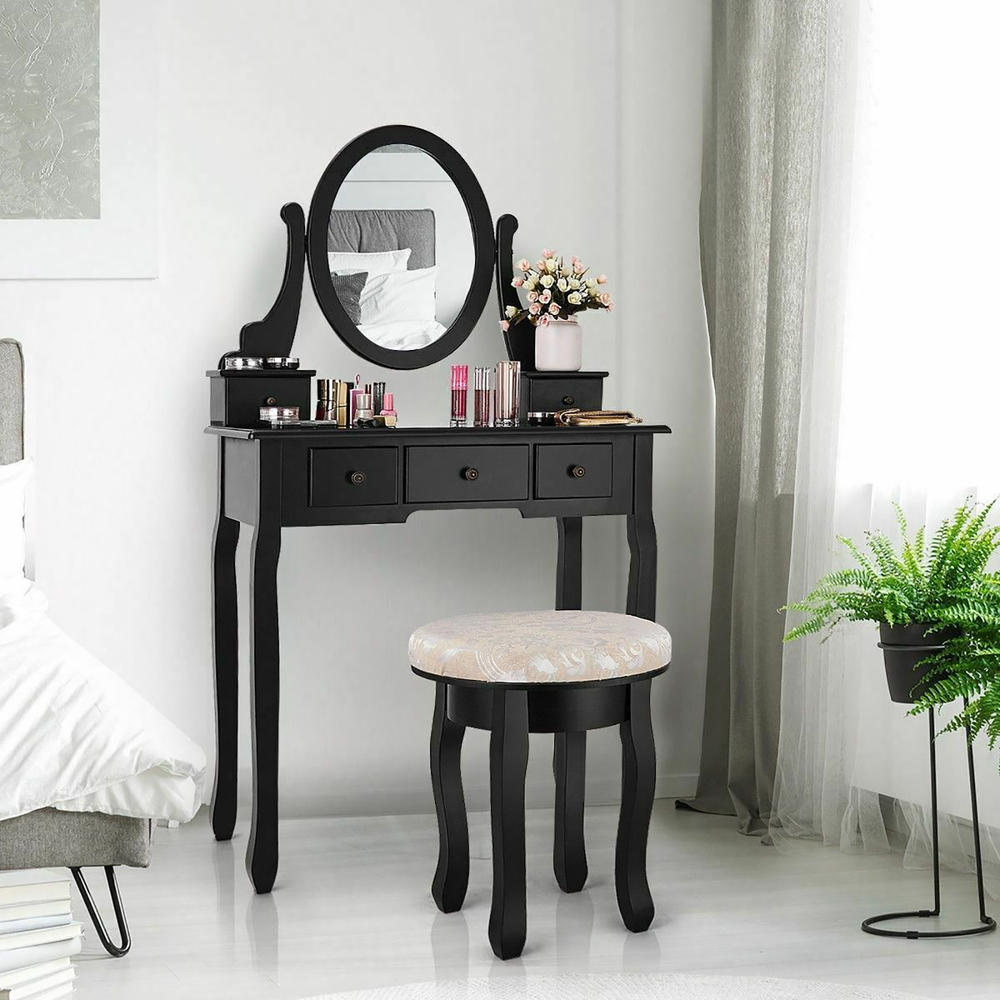 Costway Goplus 5 Drawer Wood Vanity Table Set w/ Cushioned Stool - Black