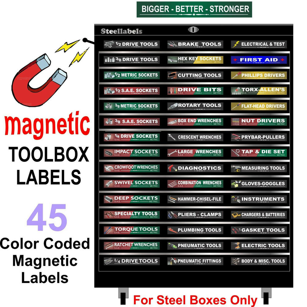 Steel Labels 45pc. Adjustable Magnetic Toolbox Labels