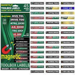Steel Labels 45 Adjustable Magnetic Toolbox Labels  Easy Read  Foil Material with Magnetic Backing - Great for Mechanics and Craftsman
