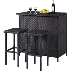 Gymax 3PCS Outdoor Rattan Wicker Style Bar Stools Table Set 2 Cushioned Chair Decor