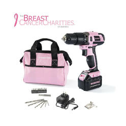 workpro pink cordless 20v lithium-ion drill driver set, 1 battery, charger and storage bag included - pink ribbon