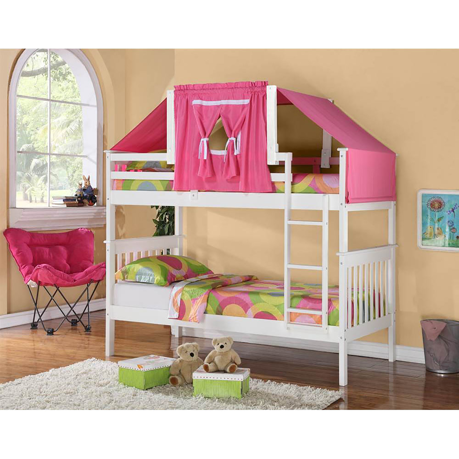 DONCO kids Twin Over Twin Mission Bunk Bed w/ Tent Kit - White and Pink