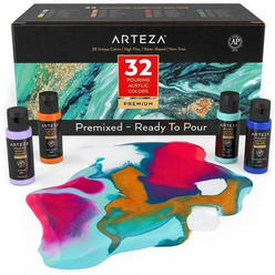 ARTEZA Acrylic Pouring Paint, Set of 32, 2oz Bottles, Assorted Colors, High Flow Acrylic Paint, No Mixing Needed, Art Supplies f