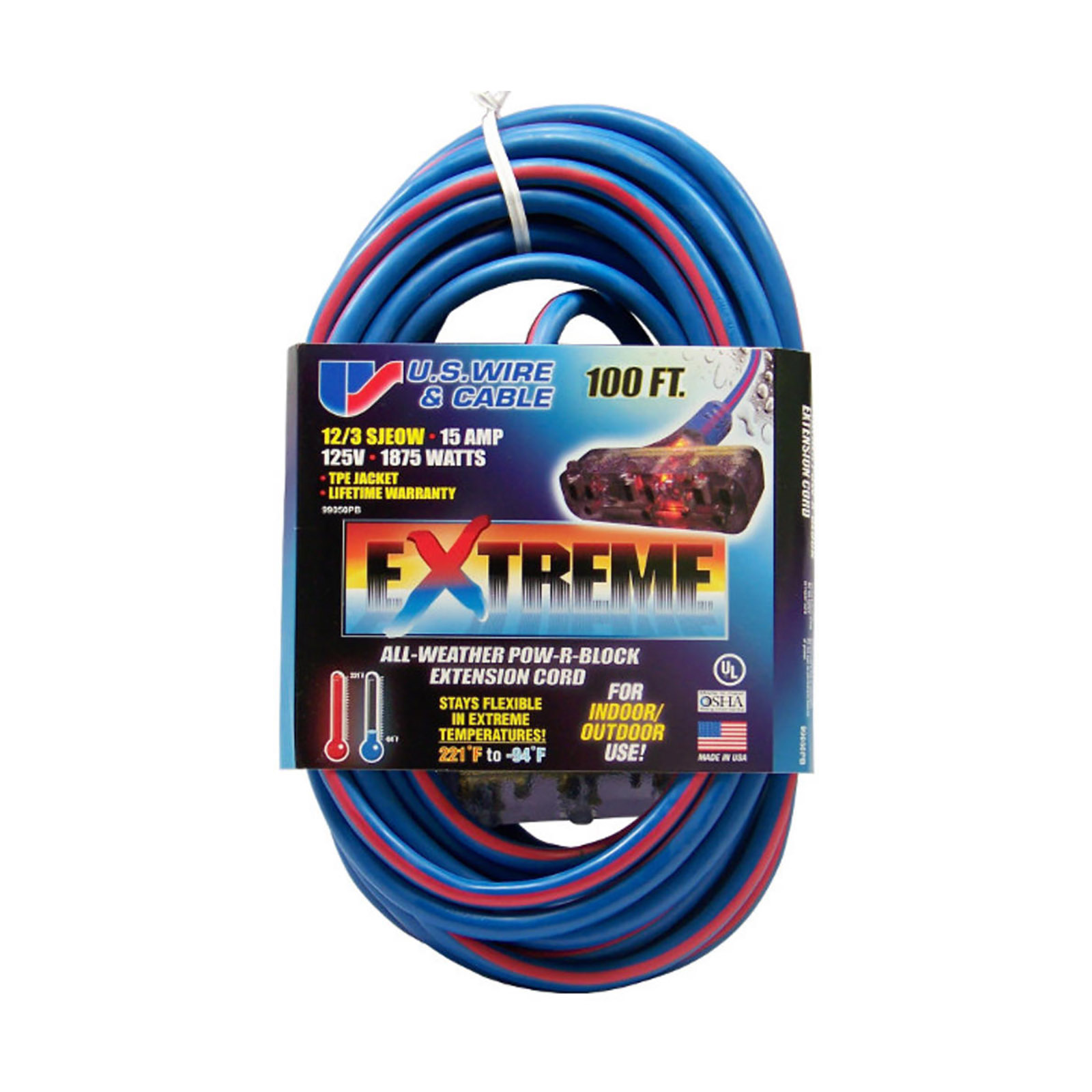 US WIRE & CABLE Extreme 100' Triple Outlet Extension Cord - Blue and Red