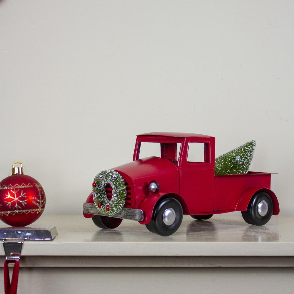 Northlight 13.25" Iron Truck with Frosted Tree and Wreath Christmas Tabletop Decor - Red