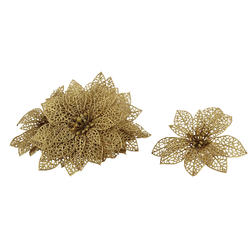 UXCELL Unique Bargains Festival Christmas Tree Artificial Glitter Ornaments Flower Gold Tone 10 PCS