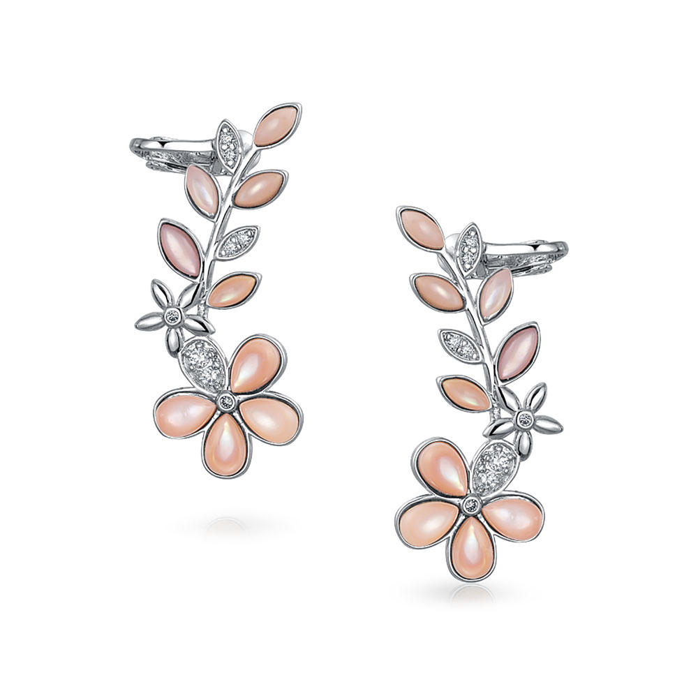 bling jewelry Mother of Pearl Leaf Crawler Cartilage Earrings - Pink