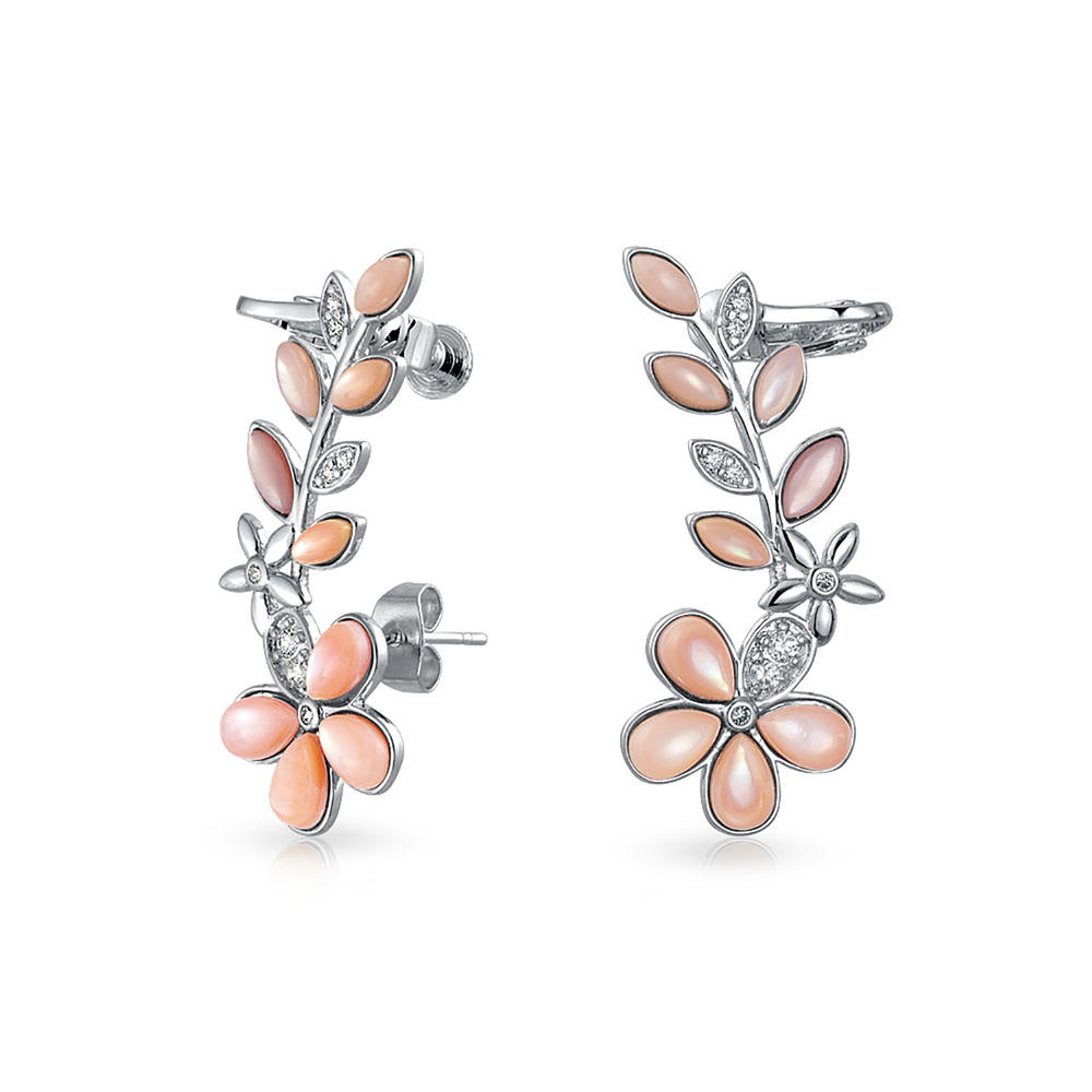 bling jewelry Mother of Pearl Leaf Crawler Cartilage Earrings - Pink