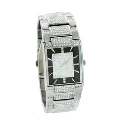 Elgin Men Silver Tone Black Dial Crystal Accented Jewelry Clasp Bracelet Watch
